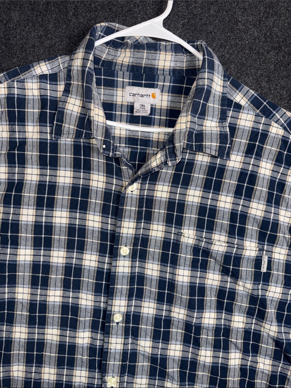 Carhartt Men's Navy and White Plaid Button-Down Shirt